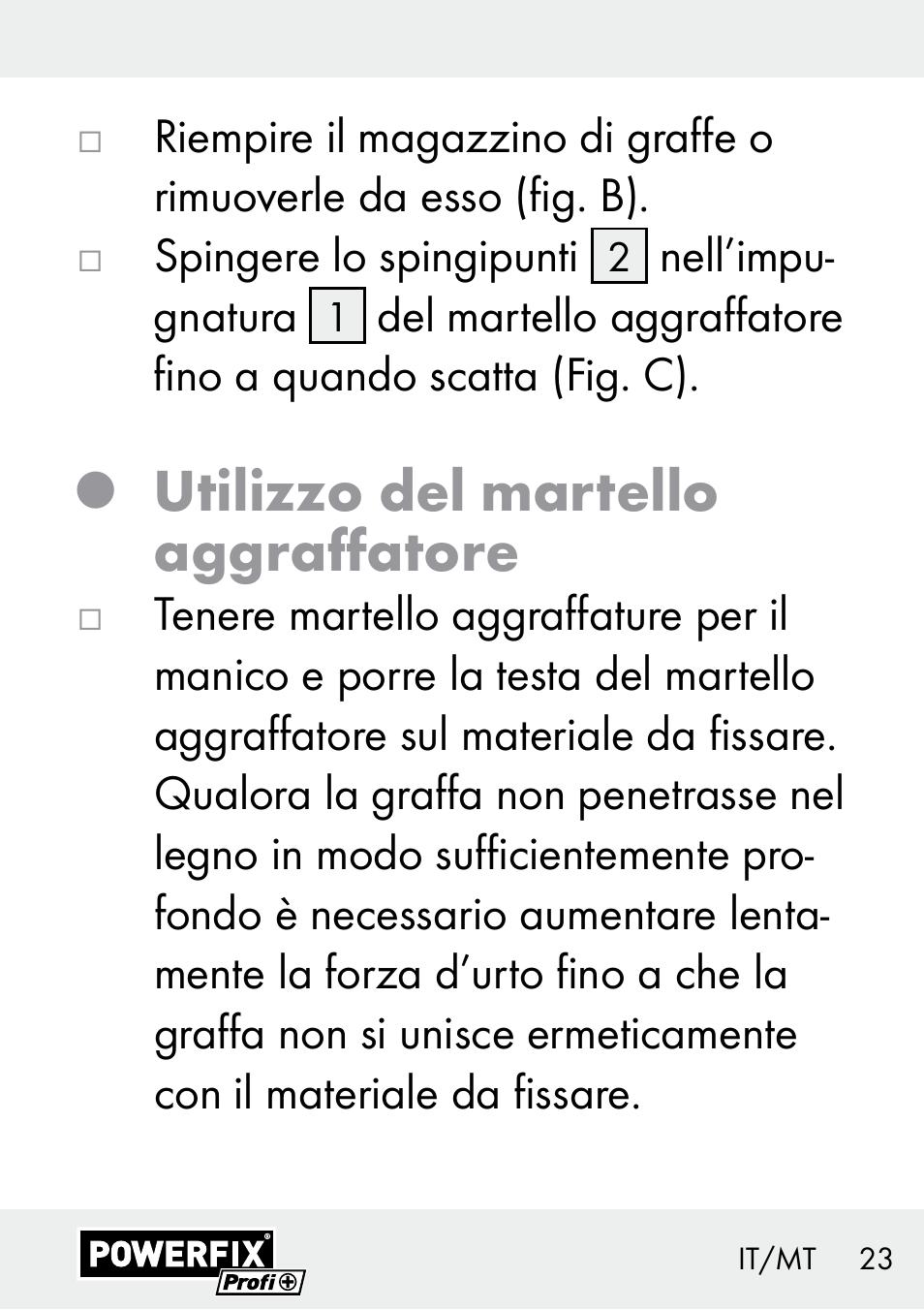 Utilizzo del martello aggraffatore | Powerfix Z29621 User Manual | Page 23 / 59