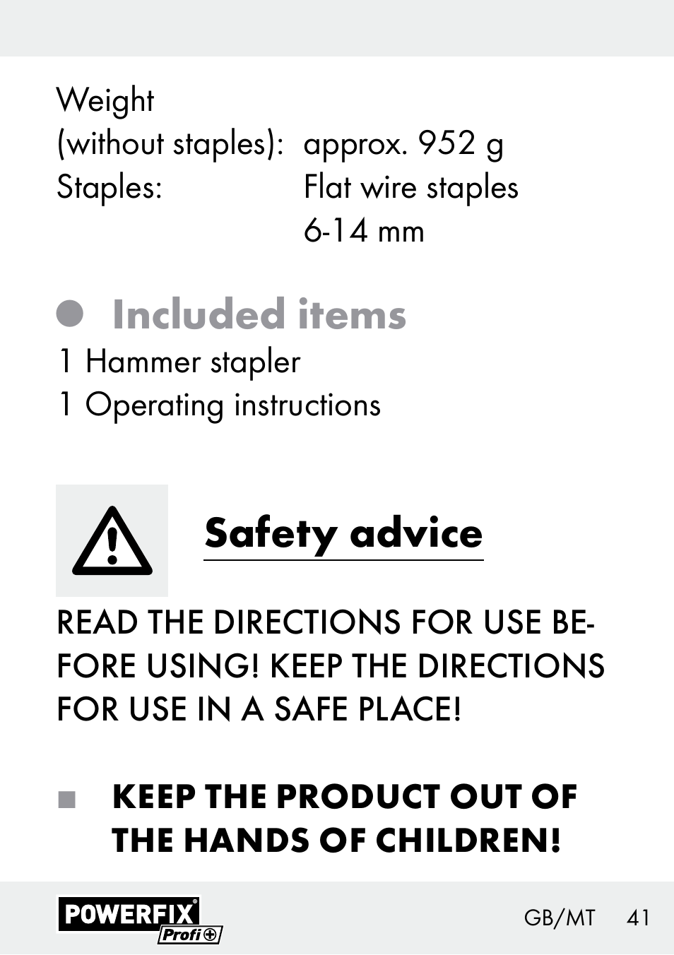 Included items, Safety advice | Powerfix Z29621 User Manual | Page 41 / 59