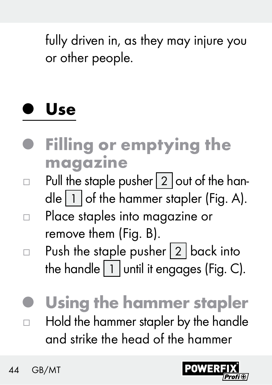 Filling or emptying the magazine, Using the hammer stapler | Powerfix Z29621 User Manual | Page 44 / 59