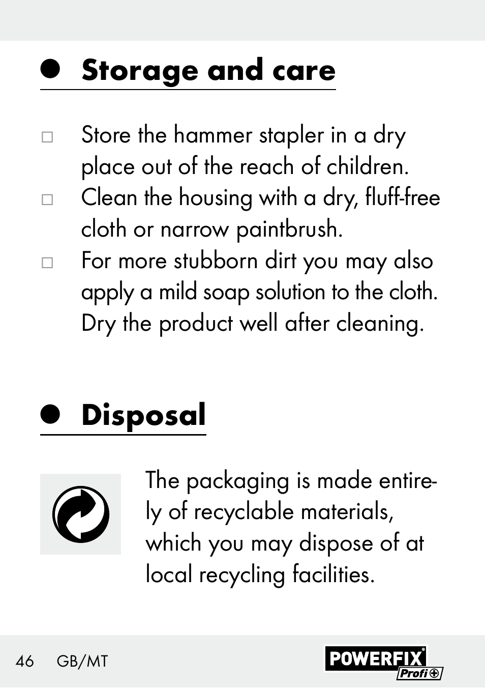 Storage and care, Disposal | Powerfix Z29621 User Manual | Page 46 / 59