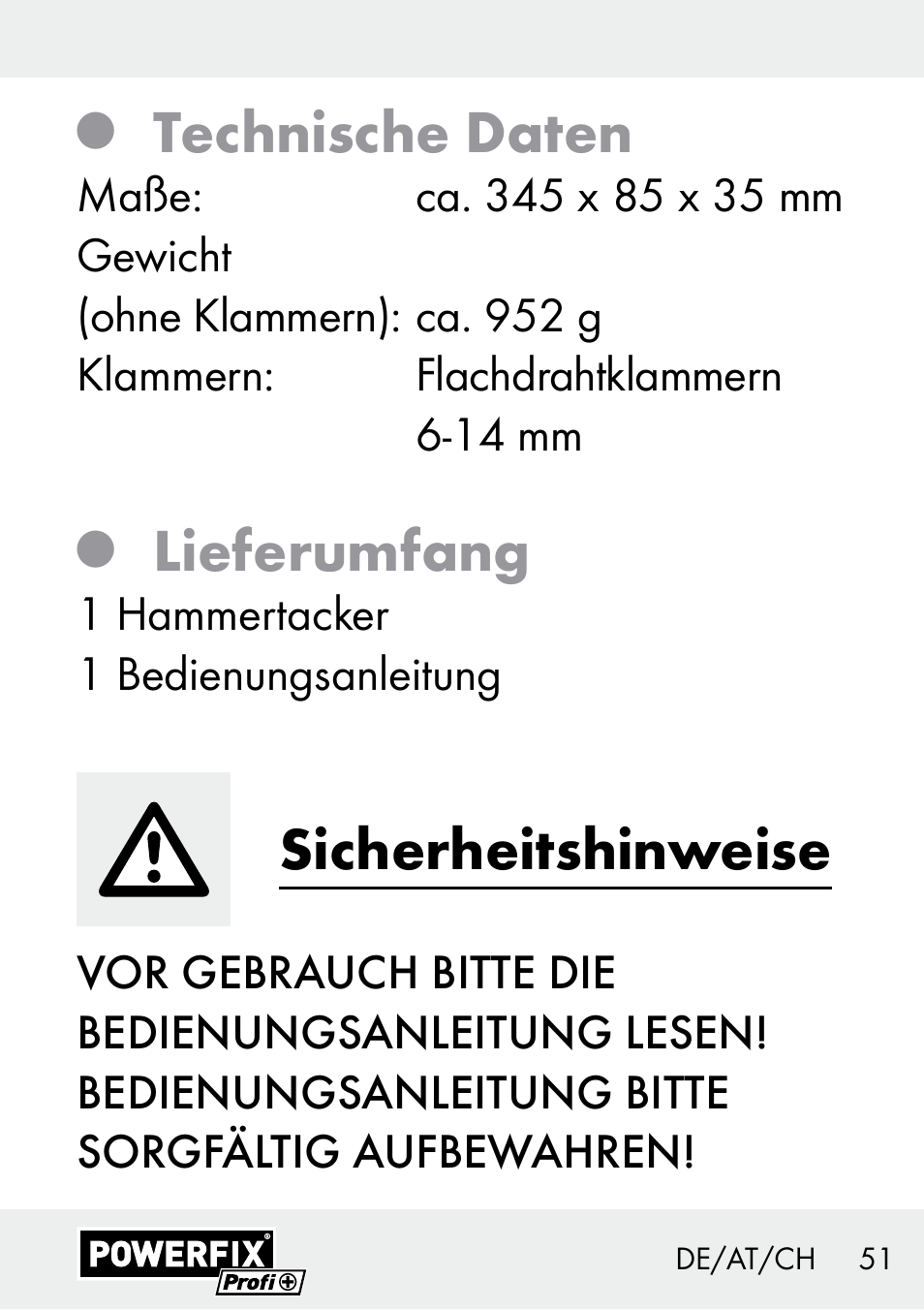 Technische daten, Lieferumfang, Sicherheitshinweise | Powerfix Z29621 User Manual | Page 51 / 59
