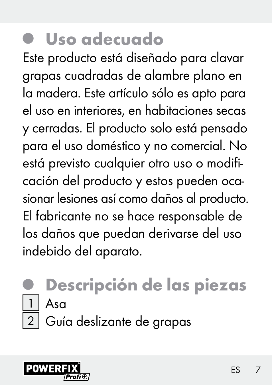 Uso adecuado, Descripción de las piezas | Powerfix Z29621 User Manual | Page 7 / 59