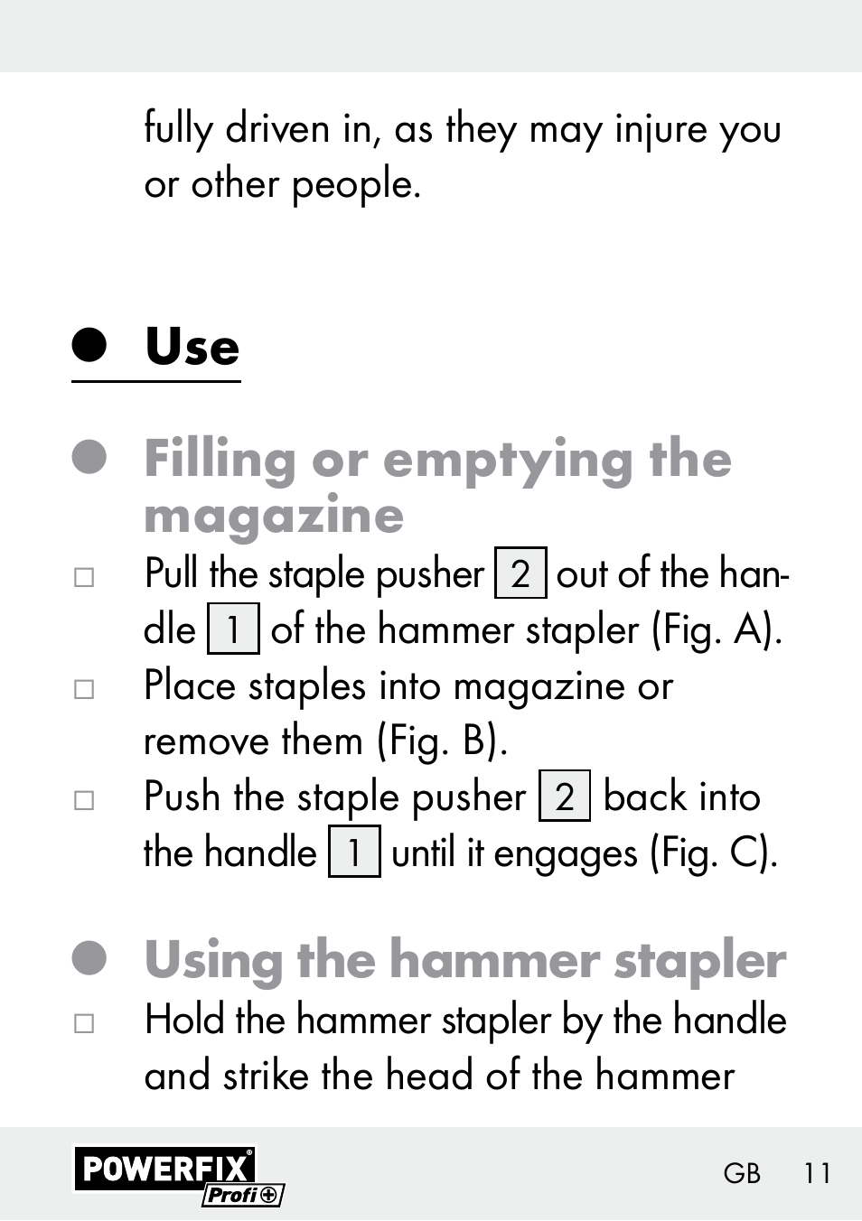 Filling or emptying the magazine, Using the hammer stapler | Powerfix Z29621 User Manual | Page 11 / 78