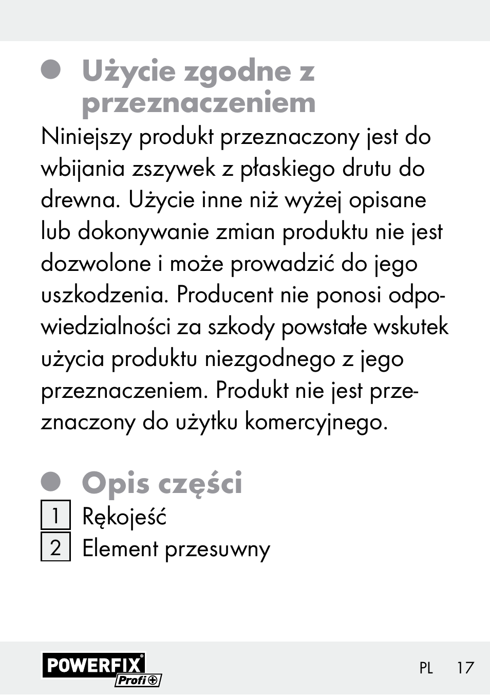 Użycie zgodne z przeznaczeniem, Opis części | Powerfix Z29621 User Manual | Page 17 / 78