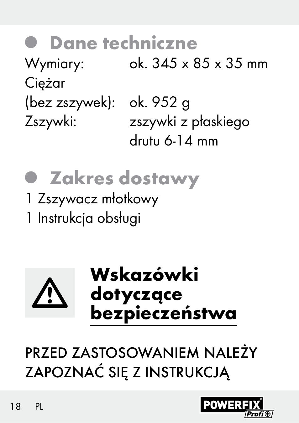 Dane techniczne, Zakres dostawy, Wskazówki dotyczące bezpieczeństwa | Powerfix Z29621 User Manual | Page 18 / 78