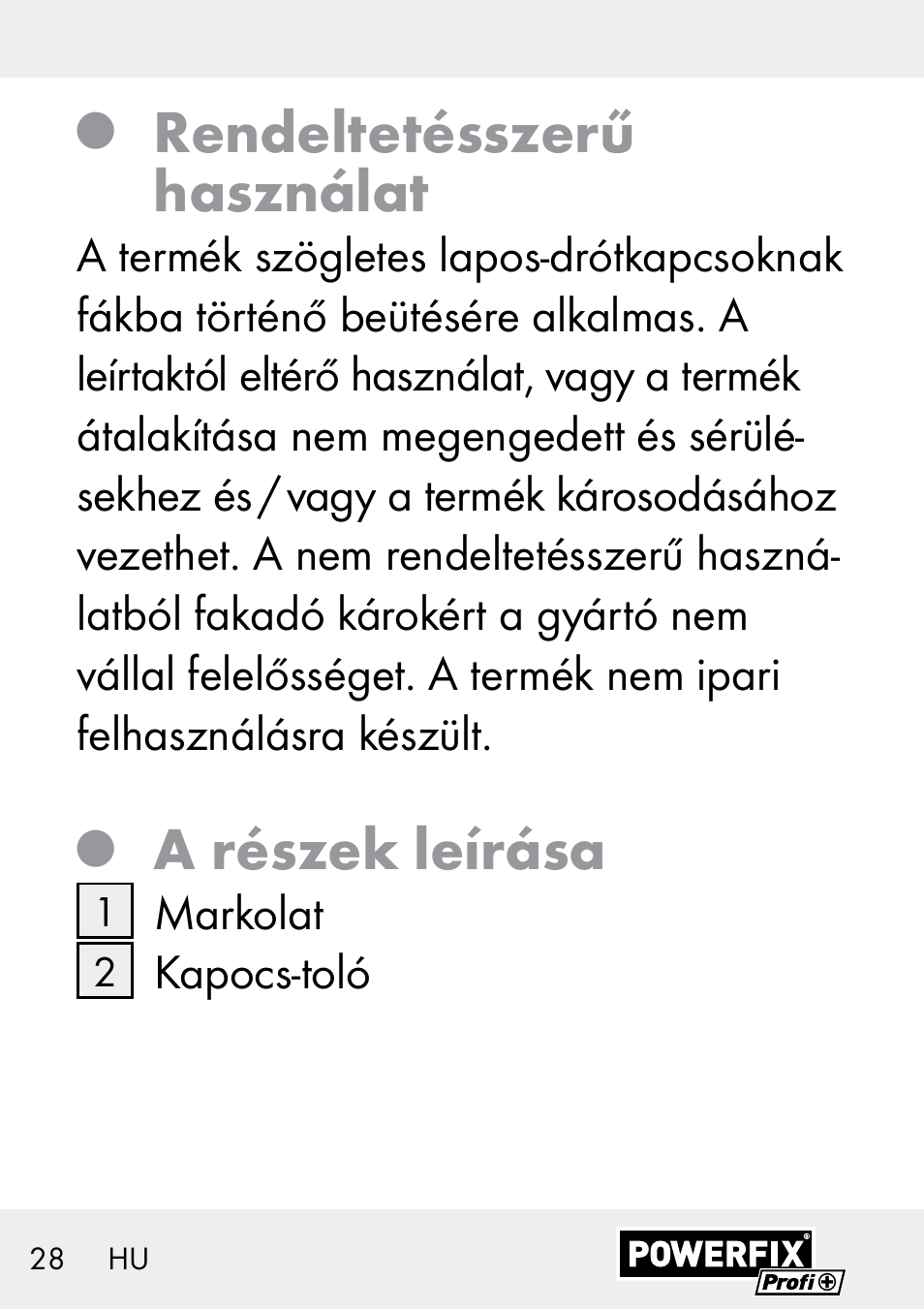 Rendeltetésszerű használat, A részek leírása | Powerfix Z29621 User Manual | Page 28 / 78
