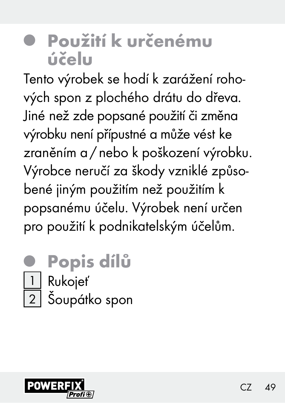 Použití k určenému účelu, Popis dílů | Powerfix Z29621 User Manual | Page 49 / 78