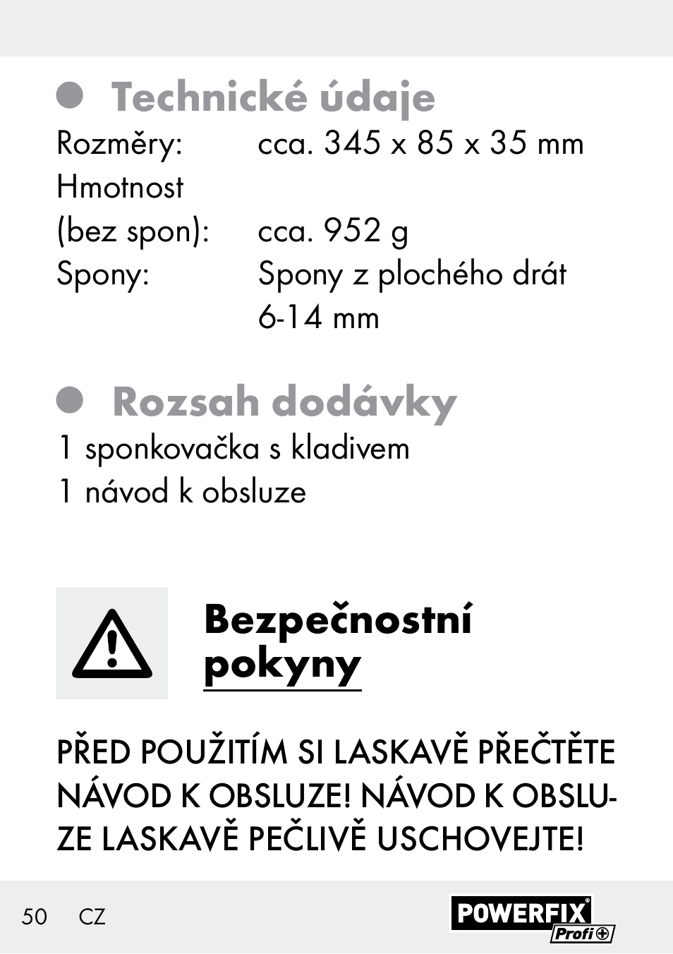 Technické údaje, Rozsah dodávky, Bezpečnostní pokyny | Powerfix Z29621 User Manual | Page 50 / 78