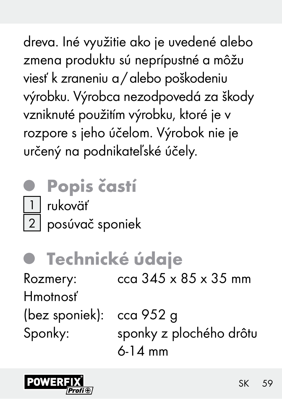 Popis častí, Technické údaje | Powerfix Z29621 User Manual | Page 59 / 78