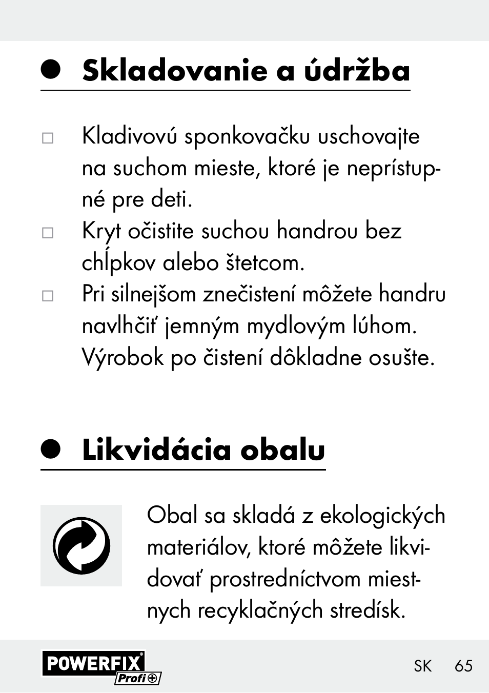 Skladovanie a údržba, Likvidácia obalu | Powerfix Z29621 User Manual | Page 65 / 78