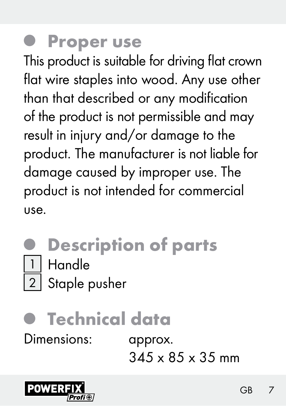 Proper use, Description of parts, Technical data | Powerfix Z29621 User Manual | Page 7 / 78