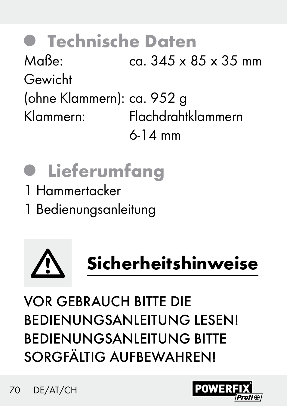 Technische daten, Lieferumfang, Sicherheitshinweise | Powerfix Z29621 User Manual | Page 70 / 78