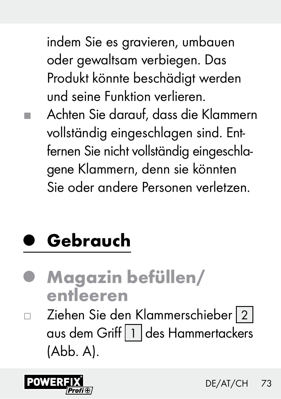 Gebrauch, Magazin befüllen/ entleeren | Powerfix Z29621 User Manual | Page 73 / 78