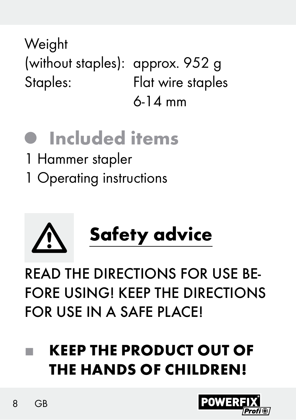 Included items, Safety advice | Powerfix Z29621 User Manual | Page 8 / 78