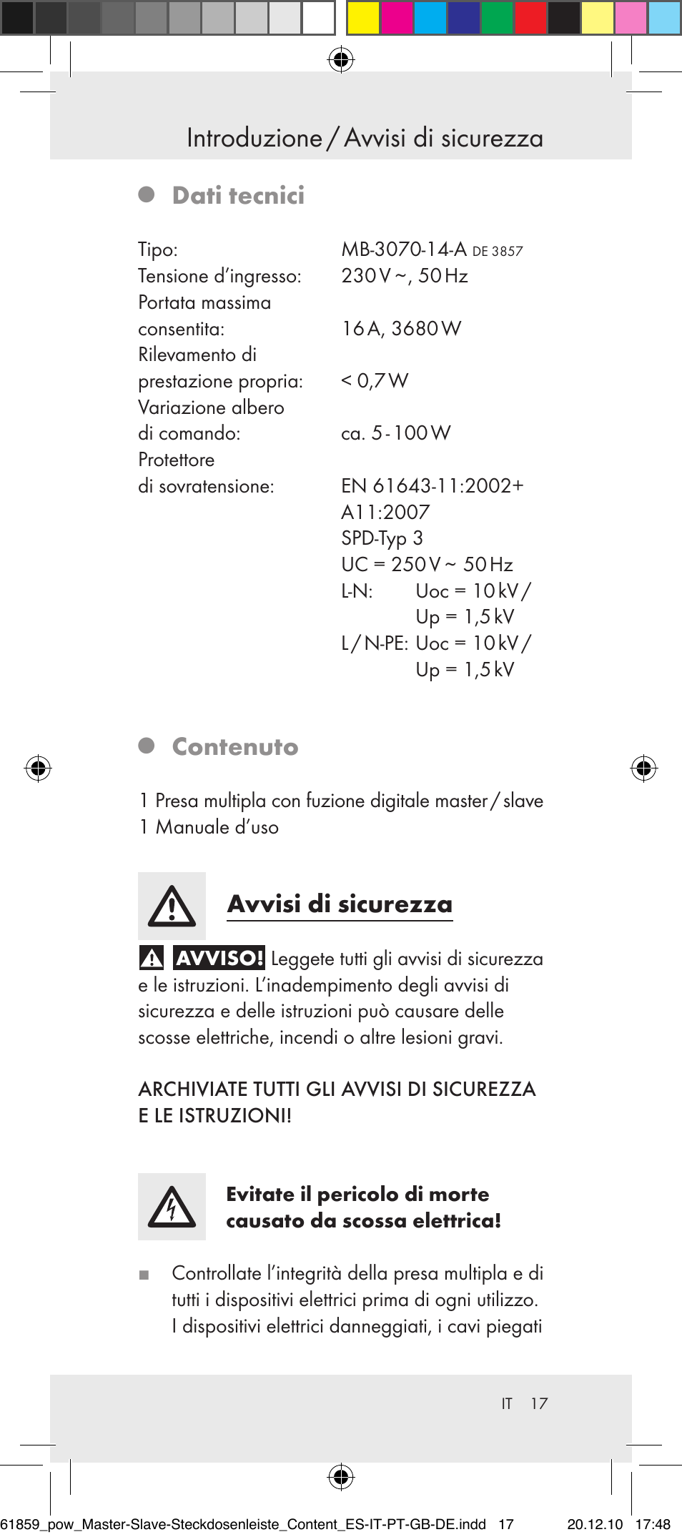 Introduzione / avvisi di sicurezza, Dati tecnici, Contenuto | Avvisi di sicurezza | Powerfix Digital Master-Slave Extension Lead User Manual | Page 13 / 52