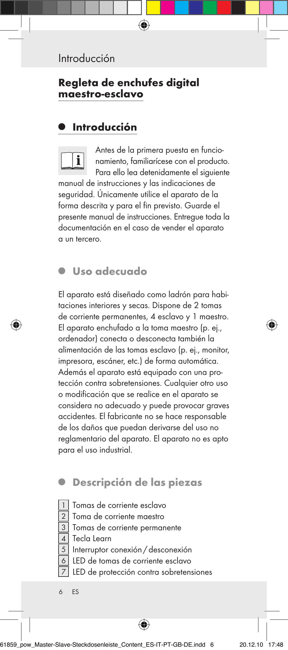 Introducción, Regleta de enchufes digital maestro-esclavo, Uso adecuado | Descripción de las piezas | Powerfix Digital Master-Slave Extension Lead User Manual | Page 2 / 52
