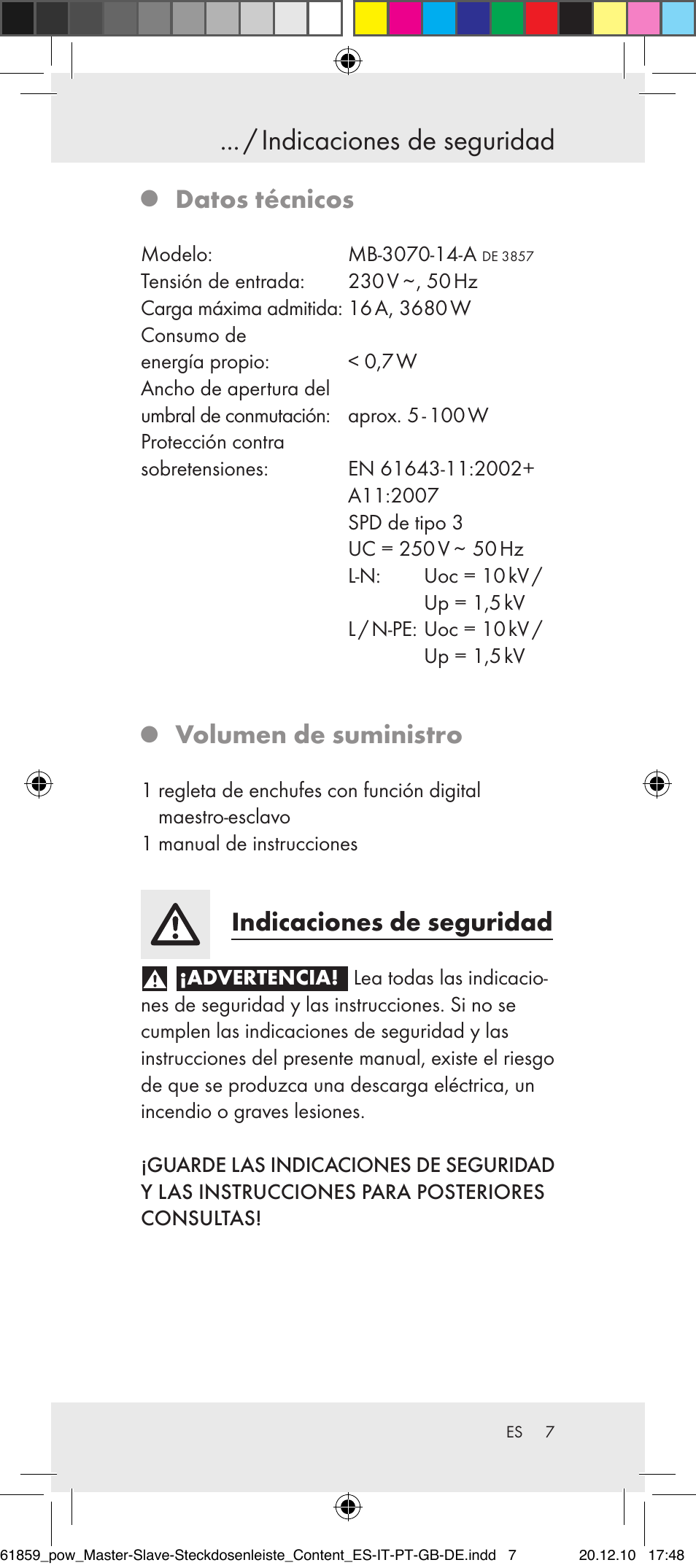 Indicaciones de seguridad, Datos técnicos, Volumen de suministro | Powerfix Digital Master-Slave Extension Lead User Manual | Page 3 / 52