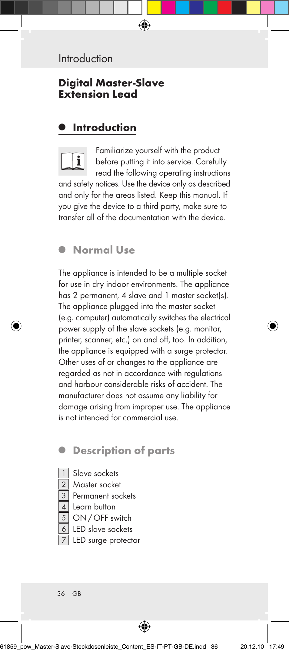 Introduction, Digital master-slave extension lead, Normal use | Description of parts | Powerfix Digital Master-Slave Extension Lead User Manual | Page 32 / 52