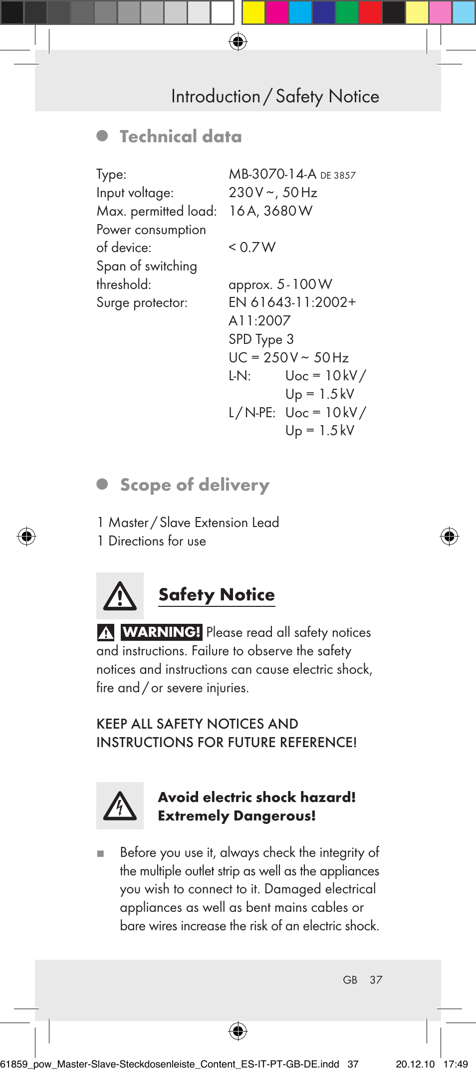 Introduction / safety notice, Technical data, Scope of delivery | Safety notice | Powerfix Digital Master-Slave Extension Lead User Manual | Page 33 / 52