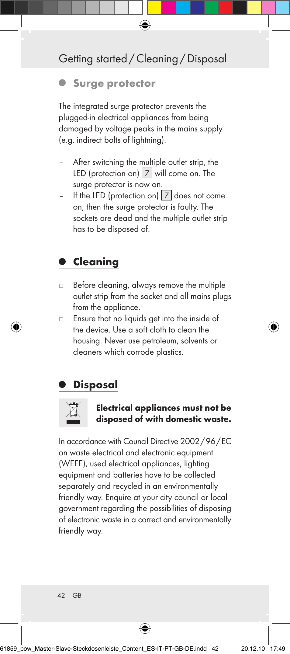 Getting started / cleaning / disposal, Surge protector, Cleaning | Disposal | Powerfix Digital Master-Slave Extension Lead User Manual | Page 38 / 52