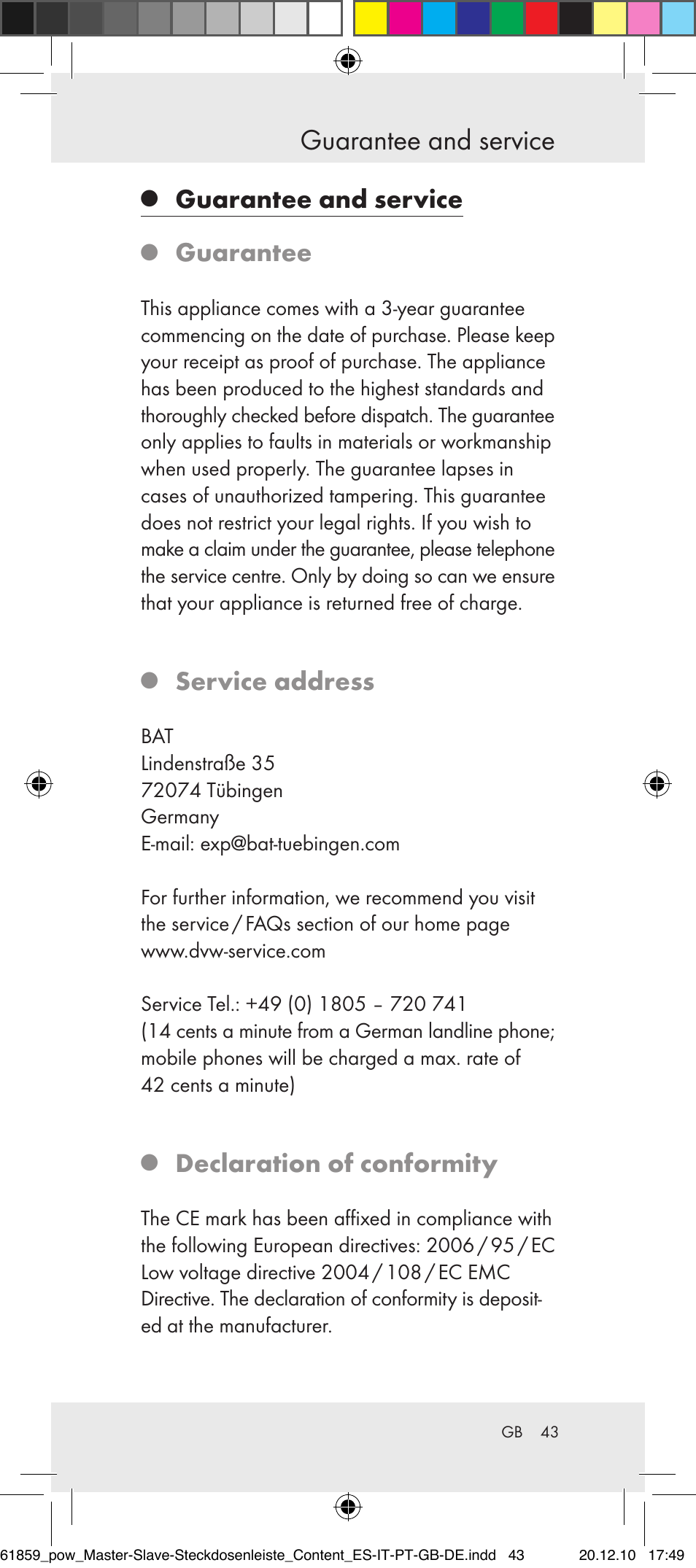 Guarantee and service, Guarantee, Service address | Declaration of conformity | Powerfix Digital Master-Slave Extension Lead User Manual | Page 39 / 52