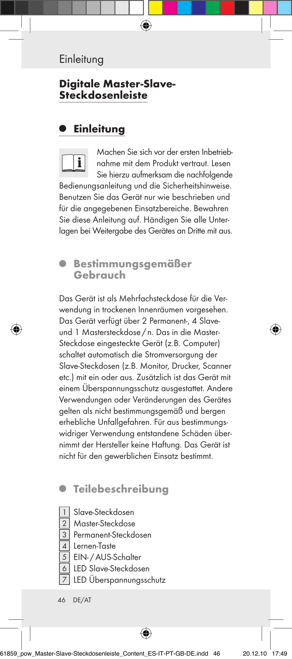 Einleitung, Digitale master-slave- steckdosenleiste, Bestimmungsgemäßer gebrauch | Teilebeschreibung | Powerfix Digital Master-Slave Extension Lead User Manual | Page 42 / 52
