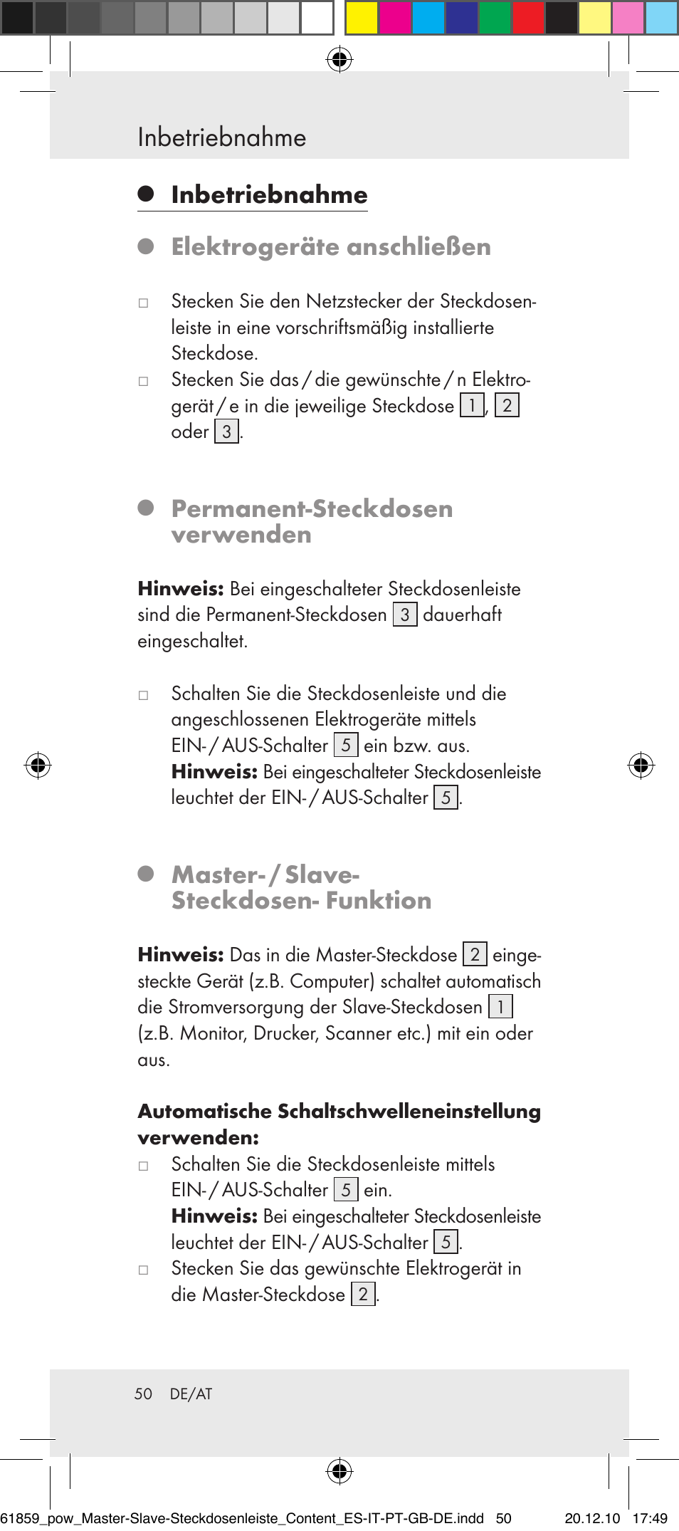 Inbetriebnahme, Elektrogeräte anschließen, Permanent-steckdosen verwenden | Master- / slave- steckdosen- funktion | Powerfix Digital Master-Slave Extension Lead User Manual | Page 46 / 52