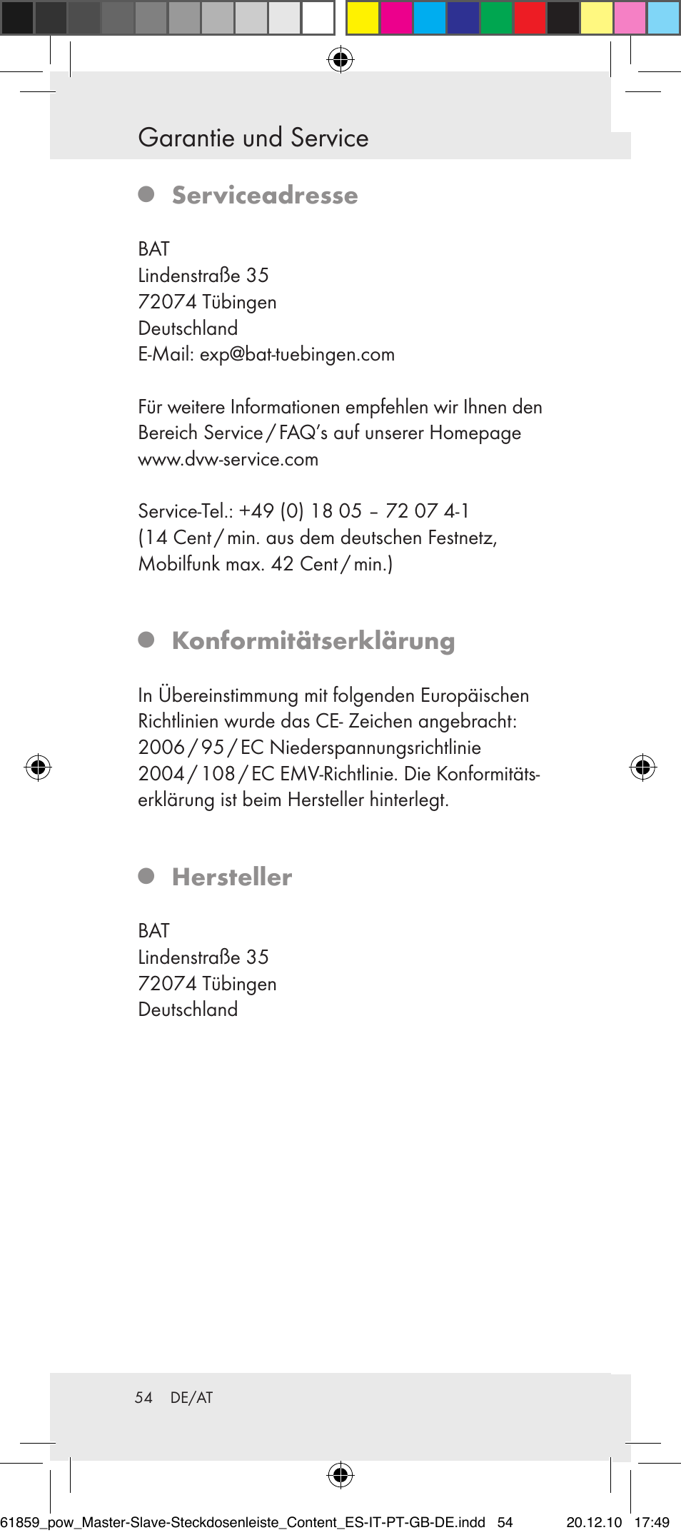 Garantie und service, Serviceadresse, Konformitätserklärung | Hersteller | Powerfix Digital Master-Slave Extension Lead User Manual | Page 50 / 52