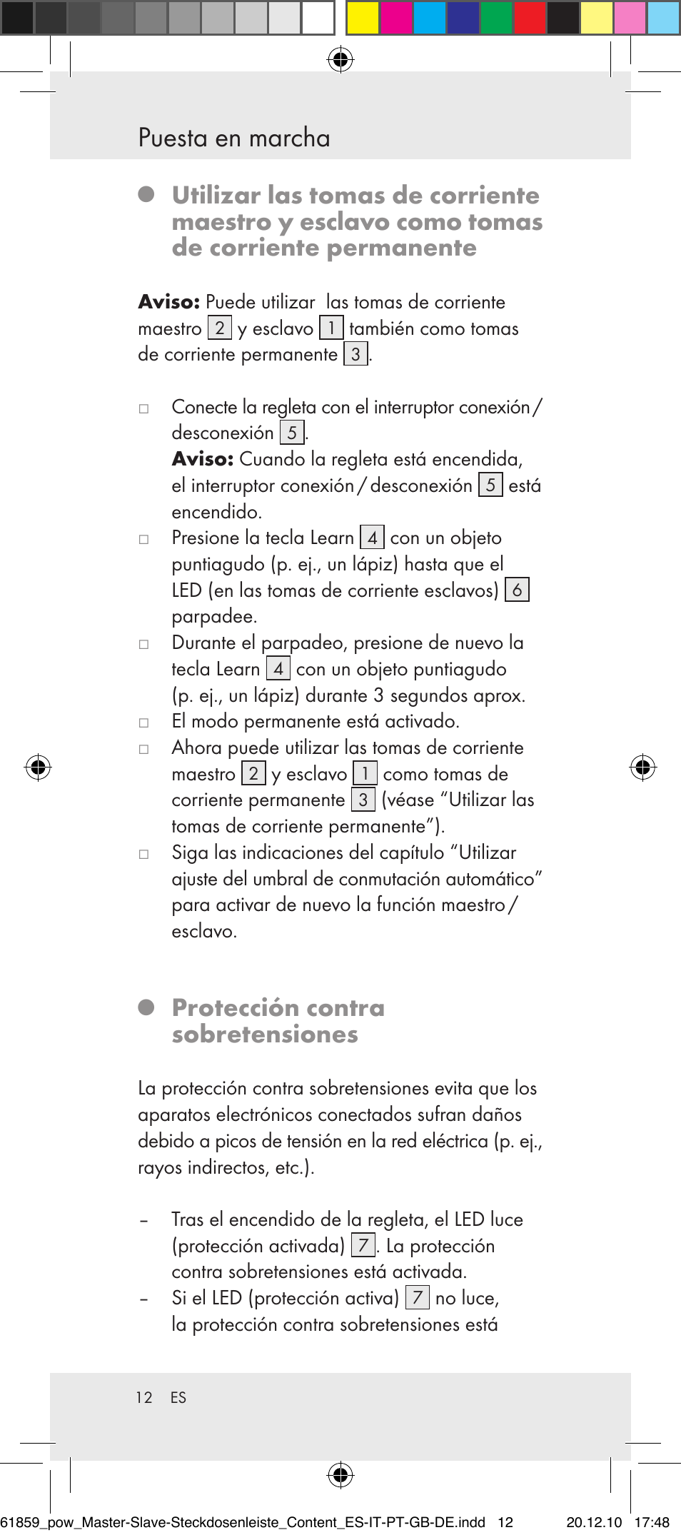 Puesta en marcha, Protección contra sobretensiones | Powerfix Digital Master-Slave Extension Lead User Manual | Page 8 / 52