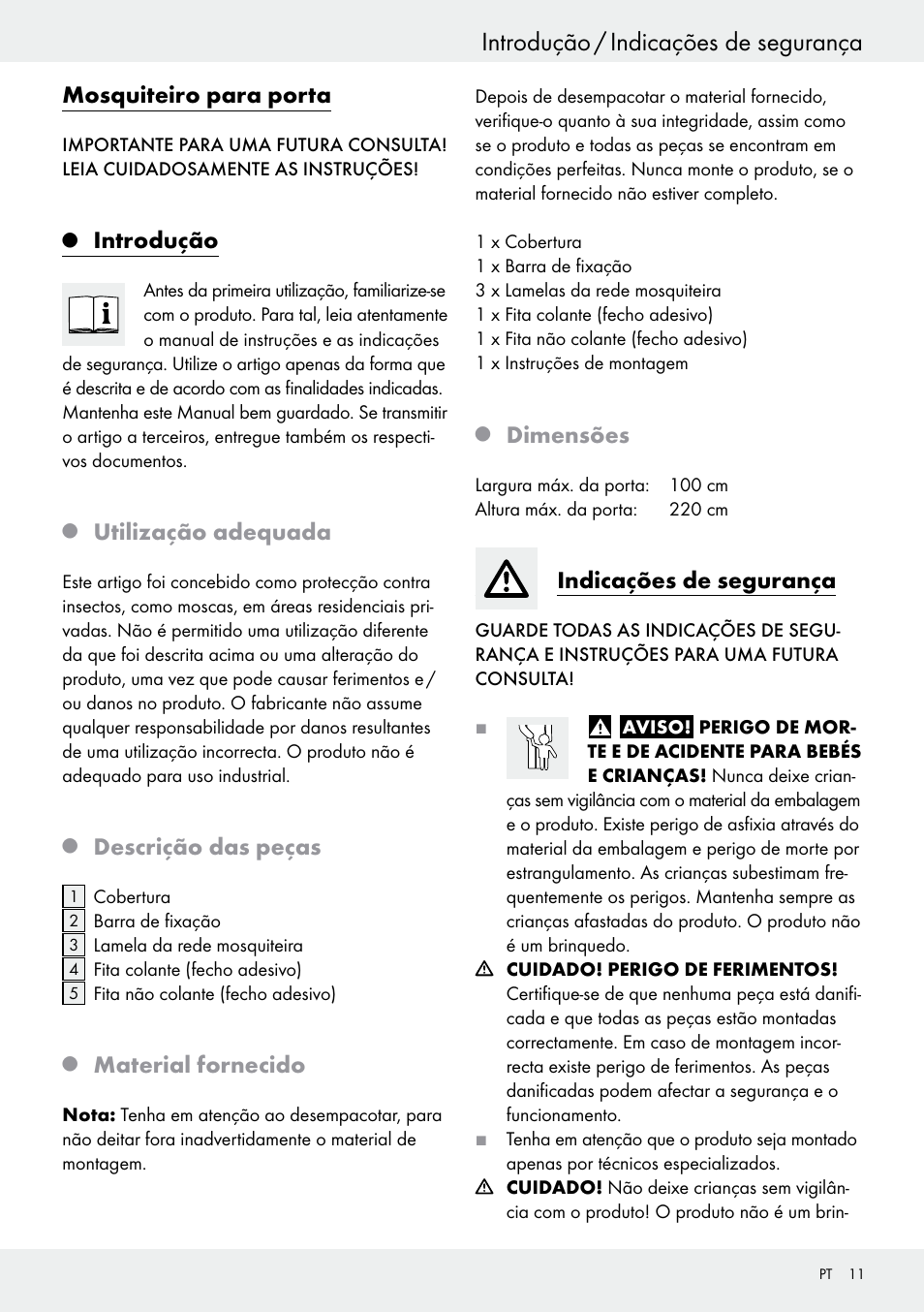 Introdução / indicações de segurança, Mosquiteiro para porta, Introdução | Utilização adequada, Descrição das peças, Material fornecido, Dimensões, Indicações de segurança | Powerfix Z25679A/Z25679B User Manual | Page 11 / 25