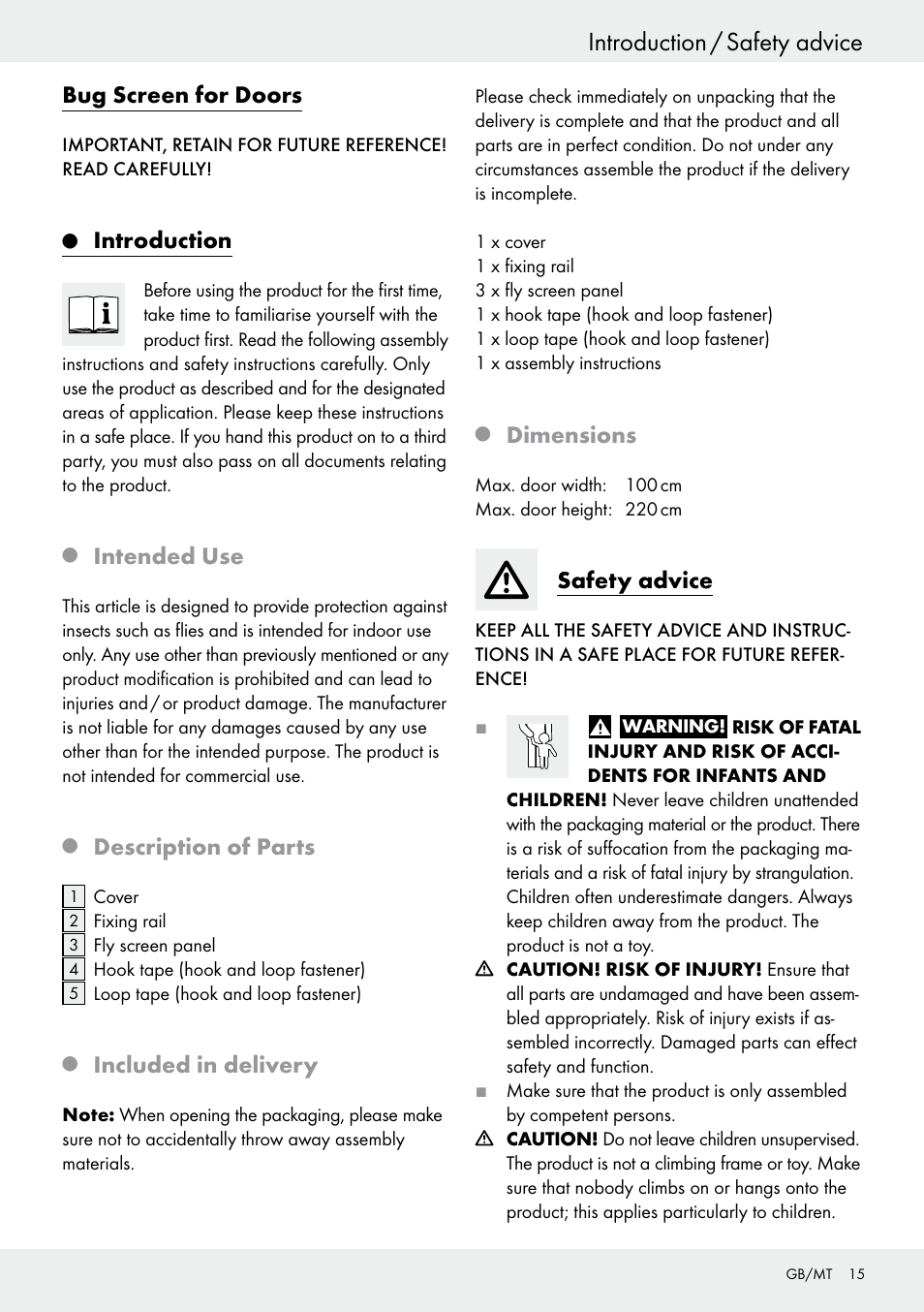 Introduction / safety advice, Bug screen for doors, Introduction | Intended use, Description of parts, Included in delivery, Dimensions, Safety advice | Powerfix Z25679A/Z25679B User Manual | Page 15 / 25