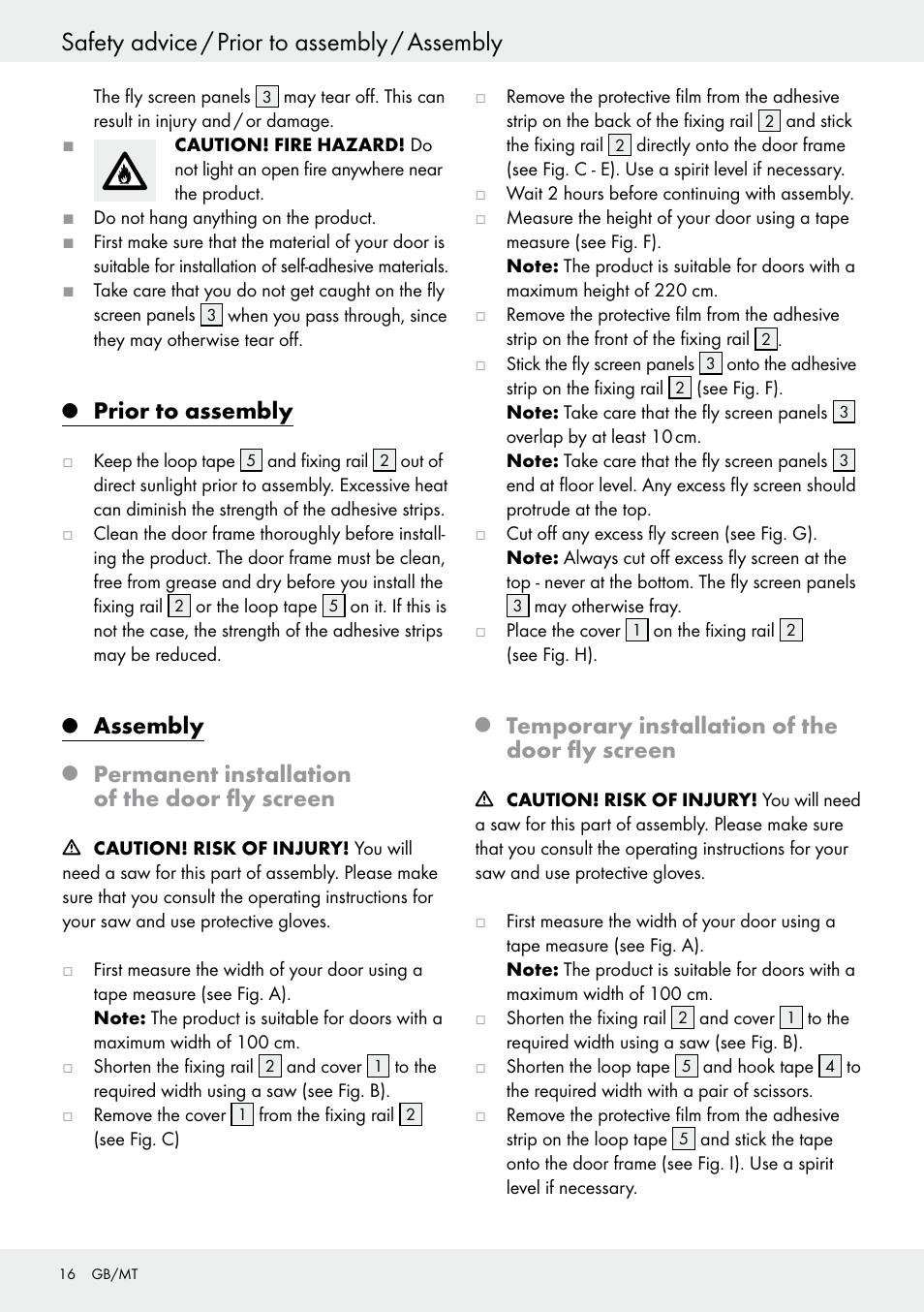 Safety advice / prior to assembly / assembly, Prior to assembly, Assembly | Permanent installation of the door fly screen, Temporary installation of the door fly screen | Powerfix Z25679A/Z25679B User Manual | Page 16 / 25