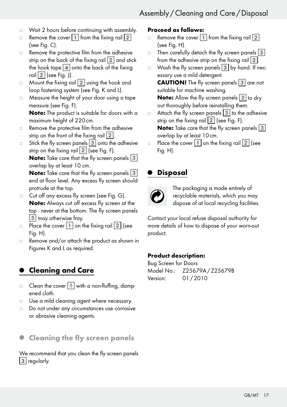 Assembly / cleaning and care / disposal, Cleaning and care, Cleaning the fly screen panels | Disposal | Powerfix Z25679A/Z25679B User Manual | Page 17 / 25