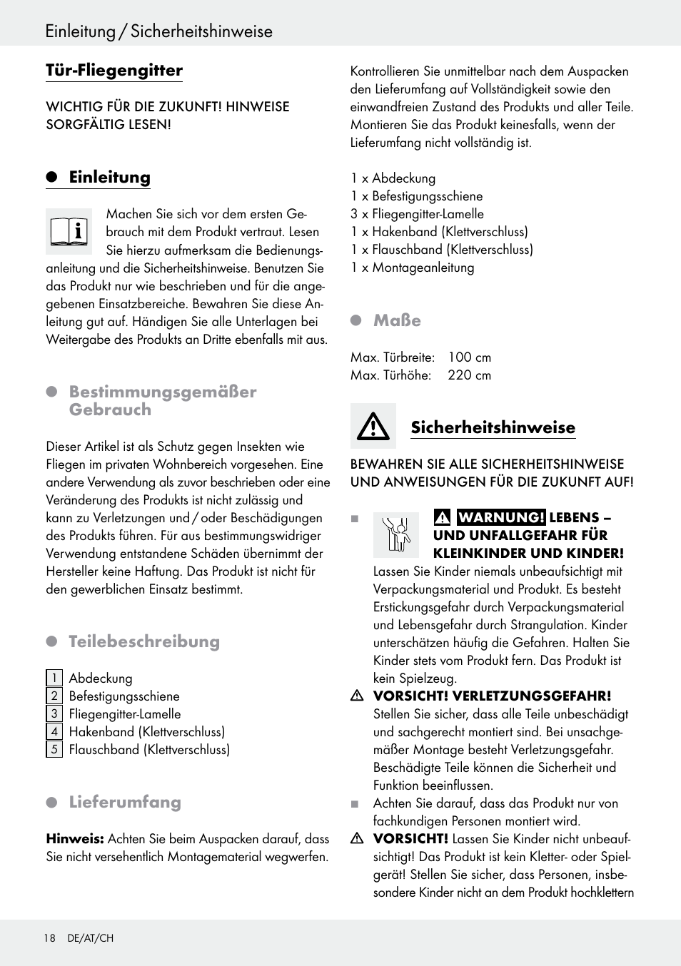 Einleitung / sicherheitshinweise, Tür-fliegengitter, Einleitung | Bestimmungsgemäßer gebrauch, Teilebeschreibung, Lieferumfang, Maße, Sicherheitshinweise | Powerfix Z25679A/Z25679B User Manual | Page 18 / 25