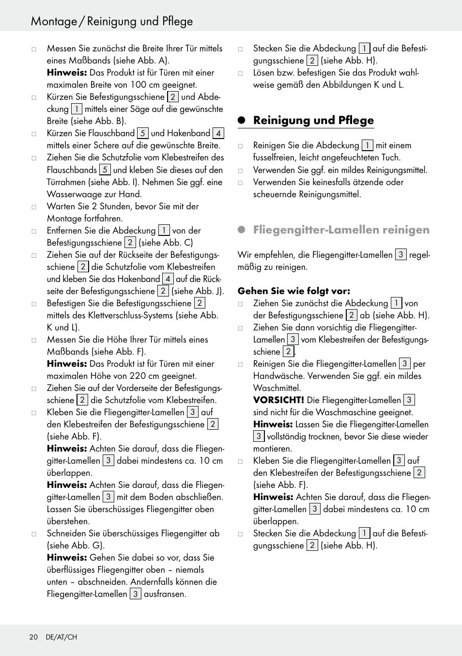 Montage / reinigung und pflege, Reinigung und pflege, Fliegengitter-lamellen reinigen | Powerfix Z25679A/Z25679B User Manual | Page 20 / 25