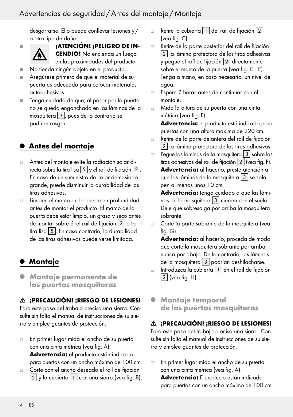 Antes del montaje, Montaje, Montaje permanente de las puertas mosquiteras | Montaje temporal de las puertas mosquiteras | Powerfix Z25679A/Z25679B User Manual | Page 4 / 25