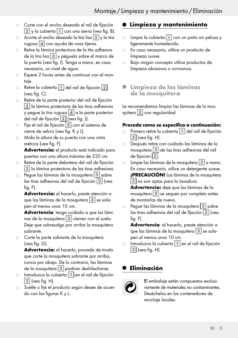 Montaje / limpieza y mantenimiento / eliminación, Limpieza y mantenimiento, Limpieza de las láminas de la mosquitera | Eliminación | Powerfix Z25679A/Z25679B User Manual | Page 5 / 25