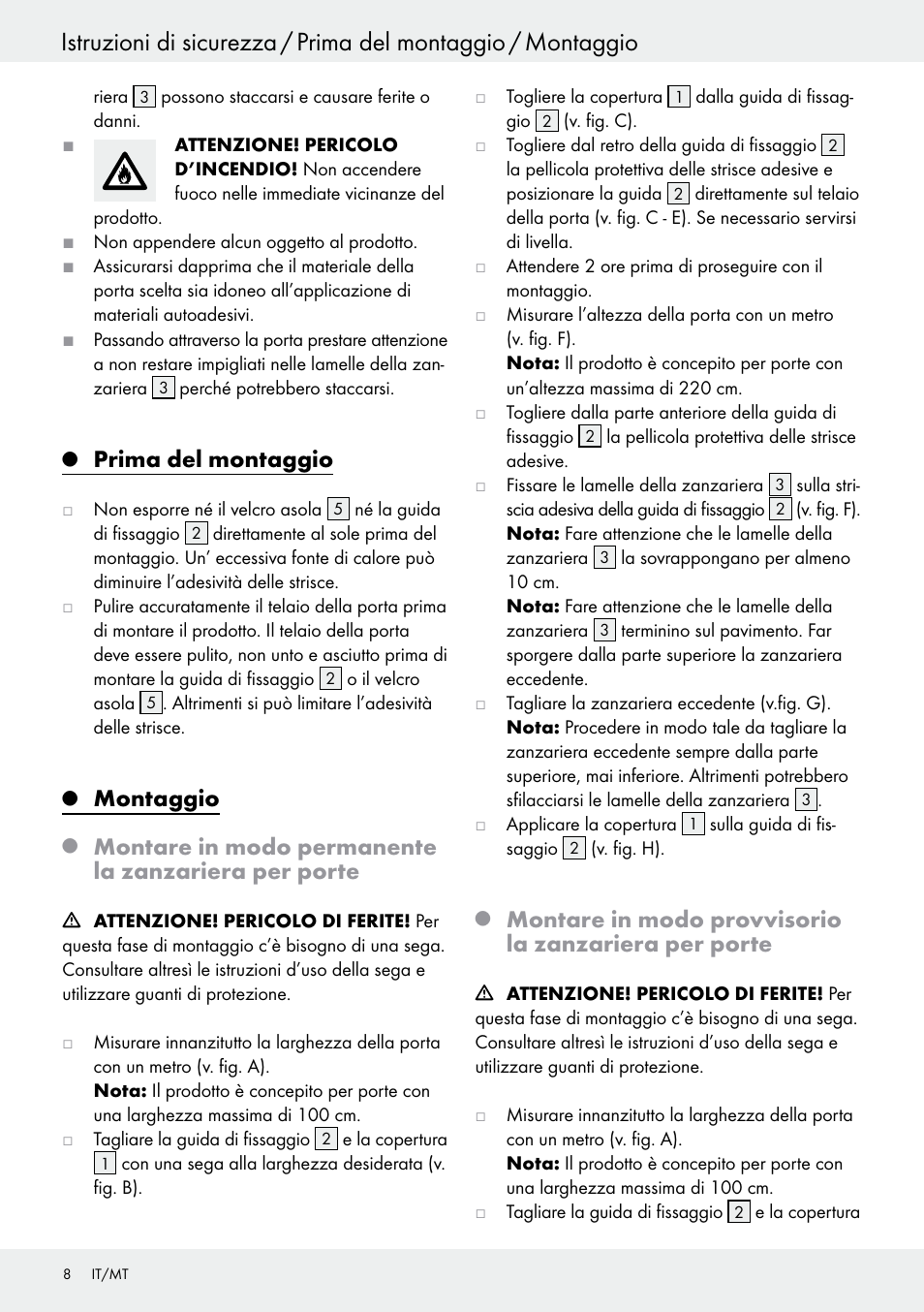 Prima del montaggio, Montaggio, Montare in modo permanente la zanzariera per porte | Powerfix Z25679A/Z25679B User Manual | Page 8 / 25