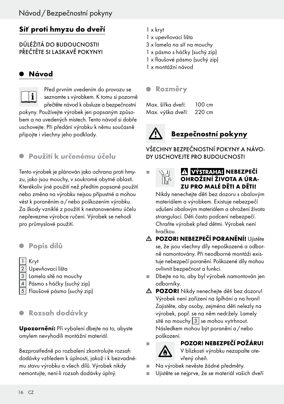 Návod / bezpečnostní pokyny, Síť proti hmyzu do dveří, Návod | Použití k určenému účelu, Popis dílů, Rozsah dodávky, Rozměry, Bezpečnostní pokyny | Powerfix Z25679A/Z25679B User Manual | Page 16 / 33