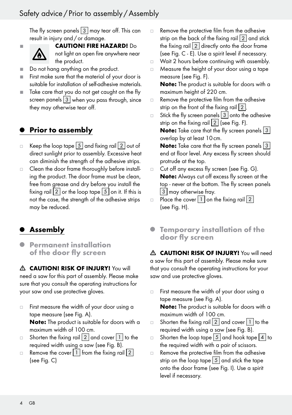 Safety advice / prior to assembly / assembly, Prior to assembly, Assembly | Permanent installation of the door fly screen, Temporary installation of the door fly screen | Powerfix Z25679A/Z25679B User Manual | Page 4 / 33