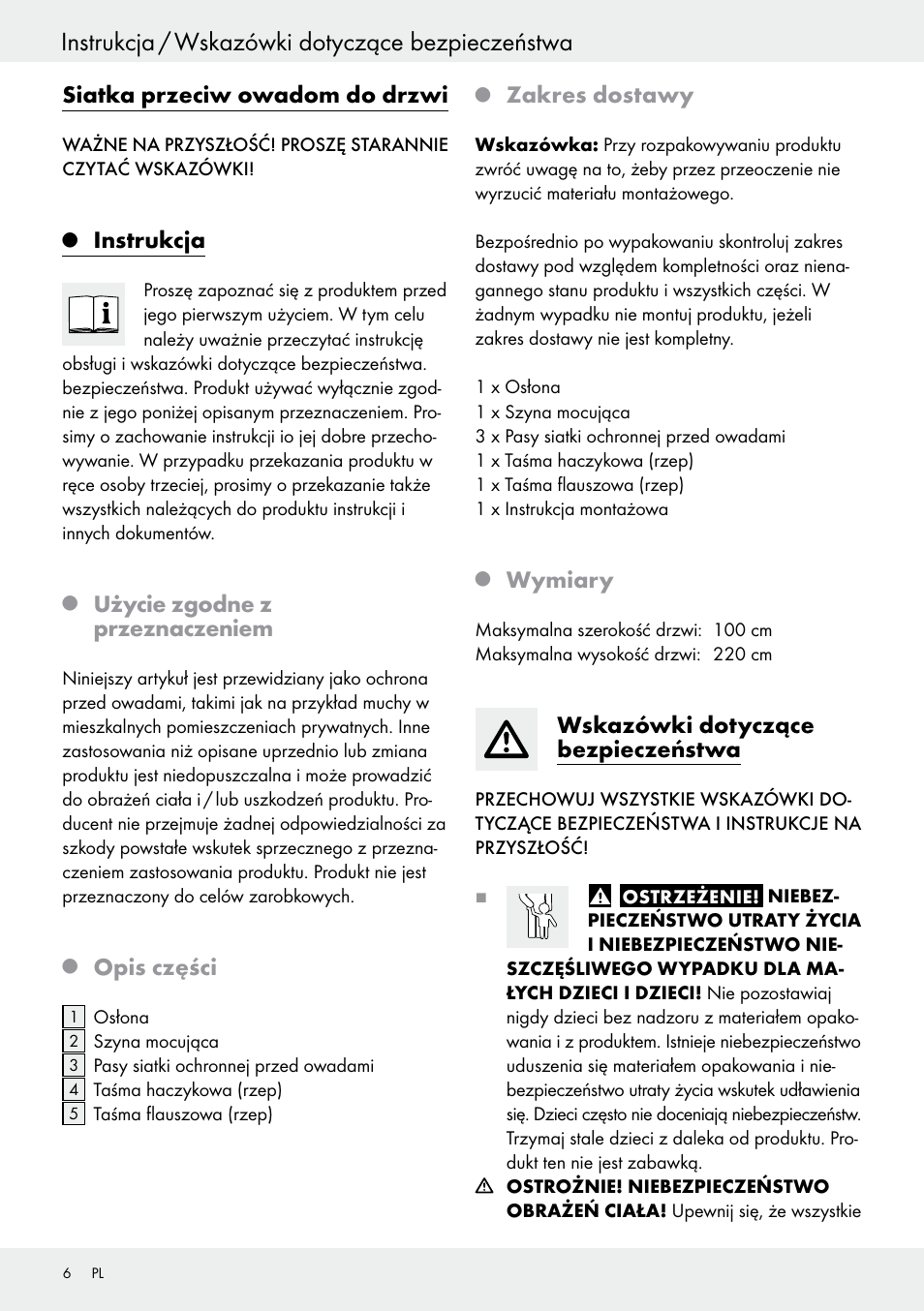 Instrukcja / wskazówki dotyczące bezpieczeństwa, Siatka przeciw owadom do drzwi, Instrukcja | Użycie zgodne z przeznaczeniem, Opis części, Zakres dostawy, Wymiary, Wskazówki dotyczące bezpieczeństwa | Powerfix Z25679A/Z25679B User Manual | Page 6 / 33