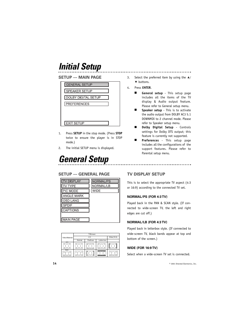 Initial setup, General setup | Directed Video DV2600 User Manual | Page 14 / 23