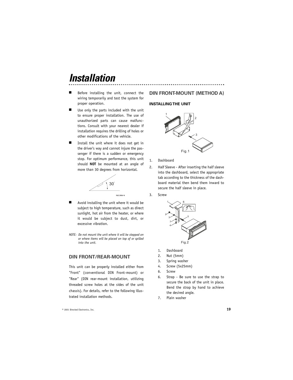 Installation, Din front/rear-mount, Din front-mount (method a) | Directed Video DV2600 User Manual | Page 19 / 23