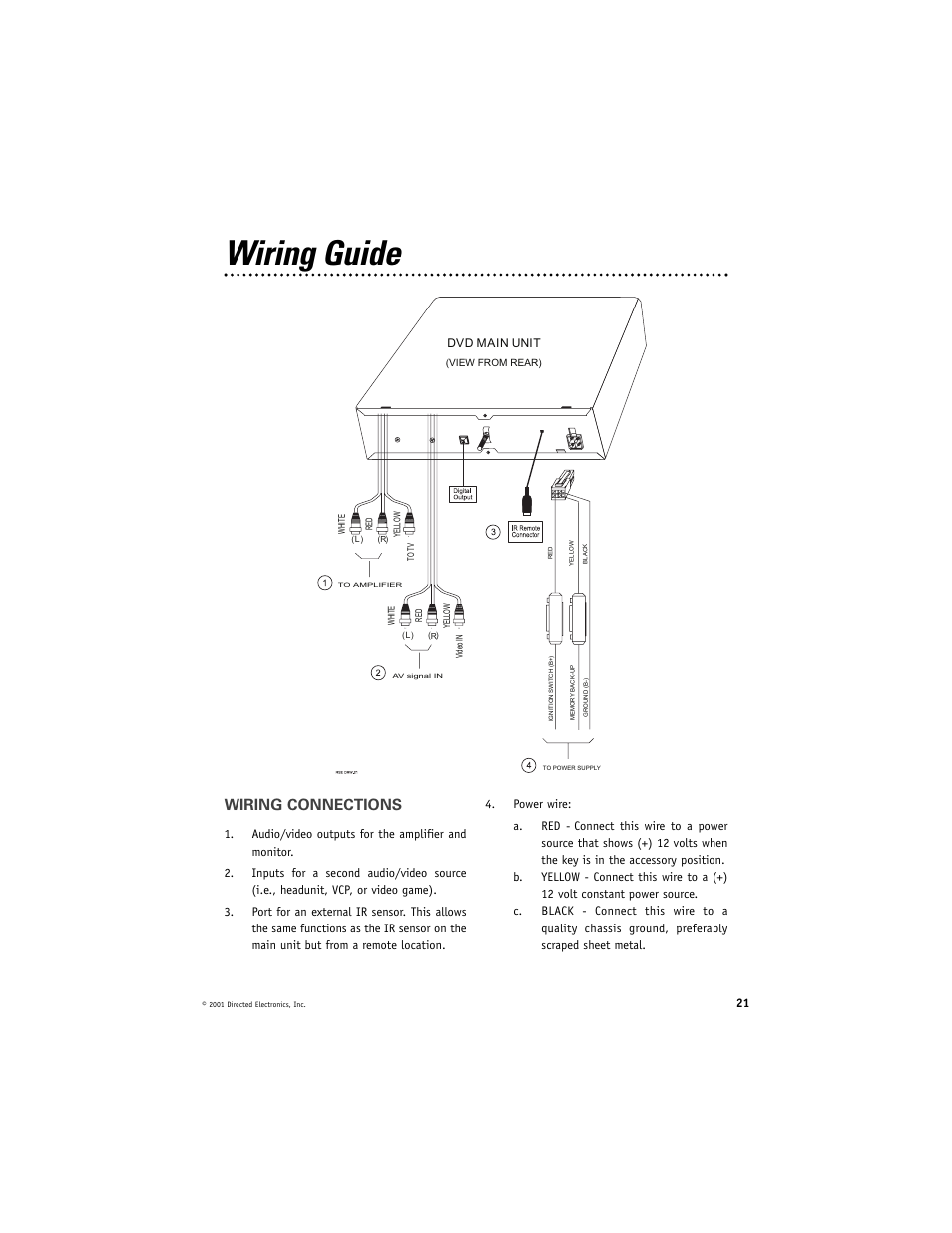 Wiring guide, Wiring connections, Dvd main unit | Directed Video DV2600 User Manual | Page 21 / 23