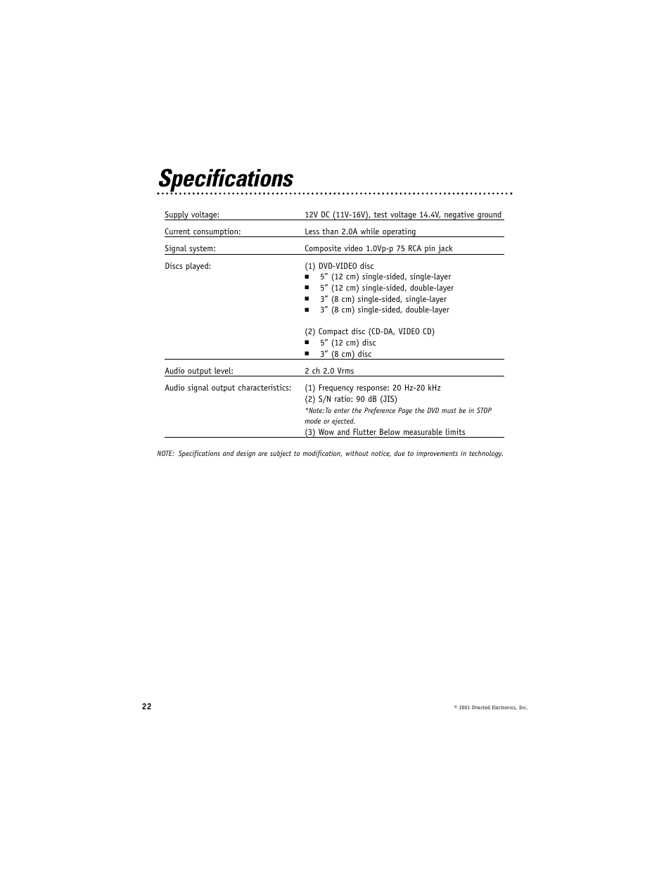Specifications | Directed Video DV2600 User Manual | Page 22 / 23