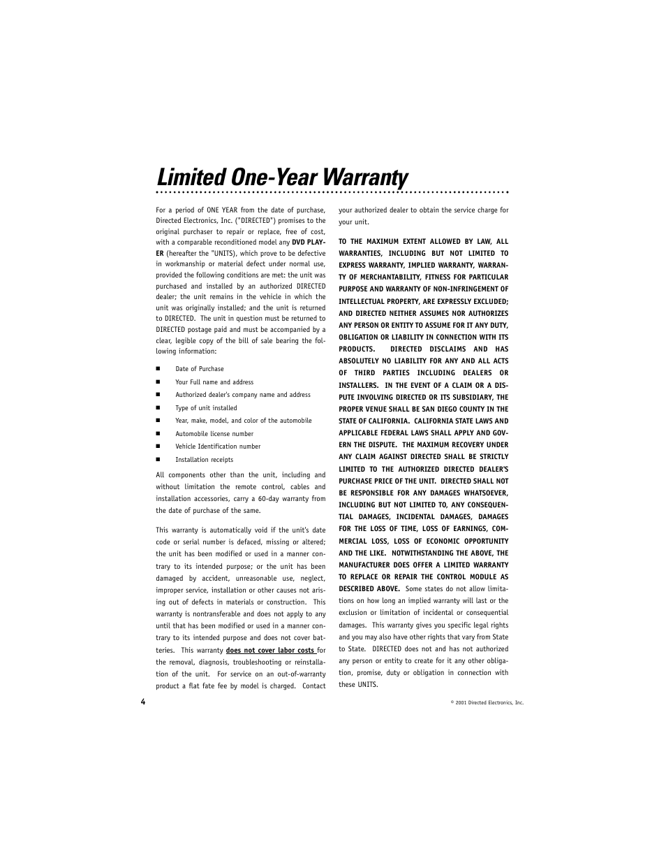 Limited one-year warranty | Directed Video DV2600 User Manual | Page 4 / 23