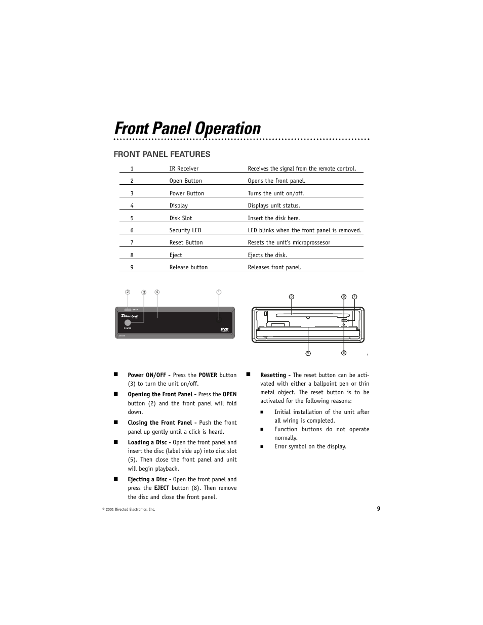 Front panel operation, Front panel features | Directed Video DV2600 User Manual | Page 9 / 23