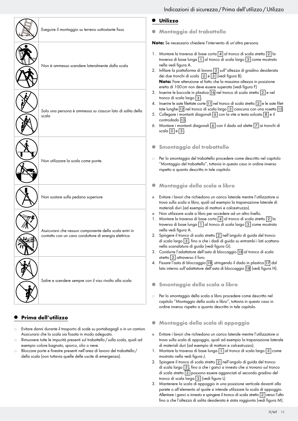 Prima dell’utilizzo, Utilizzo, Montaggio del trabattello | Smontaggio del trabattello, Montaggio della scala a libro, Smontaggio della scala a libro, Montaggio della scala di appoggio | Powerfix Z29798 User Manual | Page 11 / 30