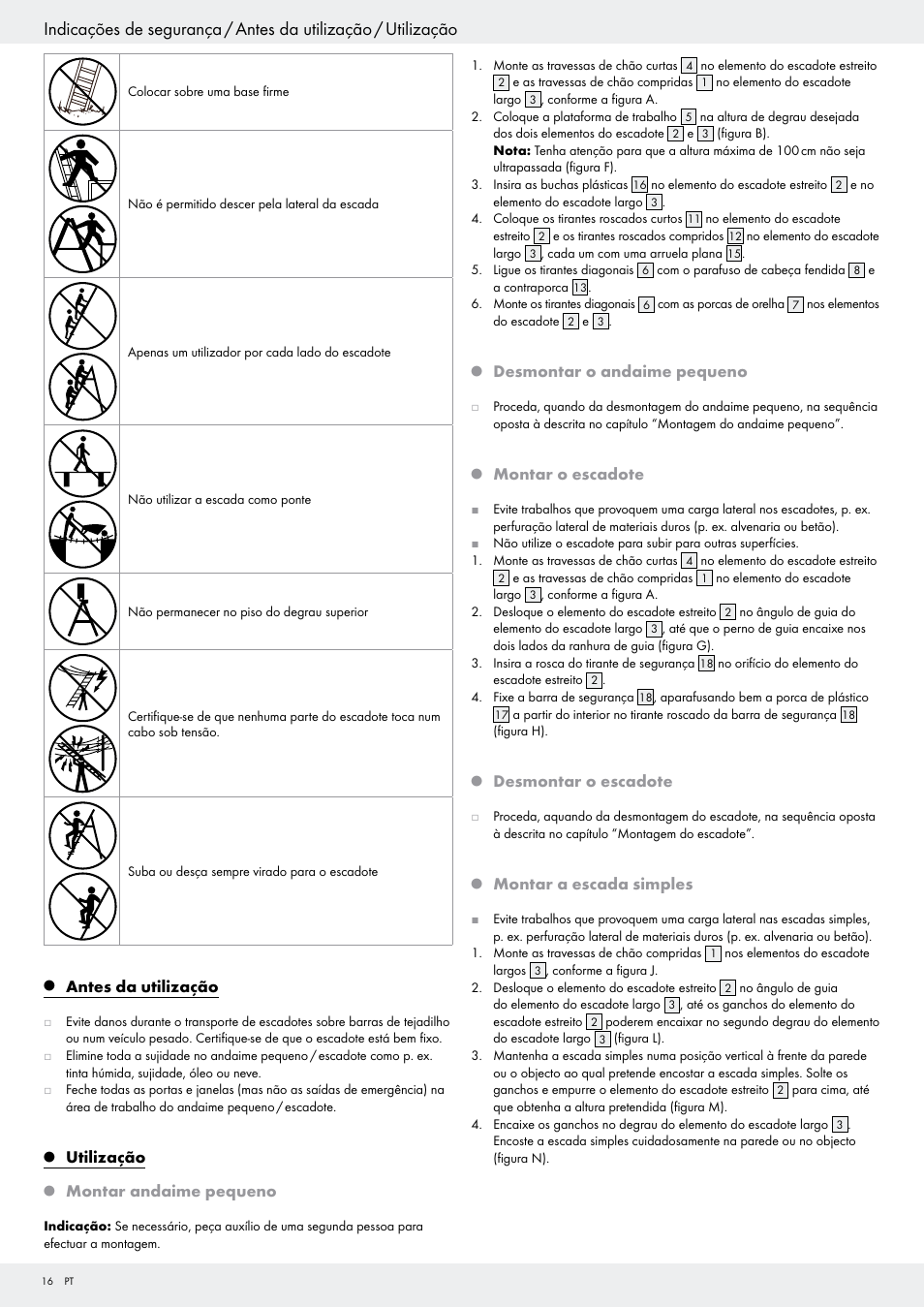 Antes da utilização, Utilização, Montar andaime pequeno | Desmontar o andaime pequeno, Montar o escadote, Desmontar o escadote, Montar a escada simples | Powerfix Z29798 User Manual | Page 16 / 30