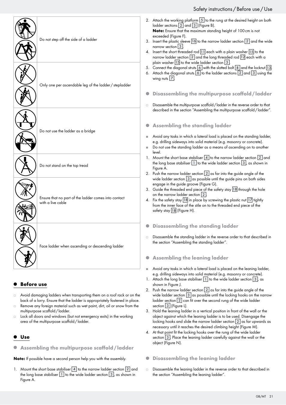 Safety instructions / before use / use, Before use, Assembling the multipurpose scaffold / ladder | Disassembling the multipurpose scaffold / ladder, Assembling the standing ladder, Disassembling the standing ladder, Assembling the leaning ladder, Disassembling the leaning ladder | Powerfix Z29798 User Manual | Page 21 / 30